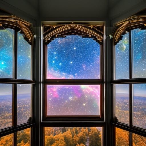 Intricate Window Overlooking a Cosmic Nebula