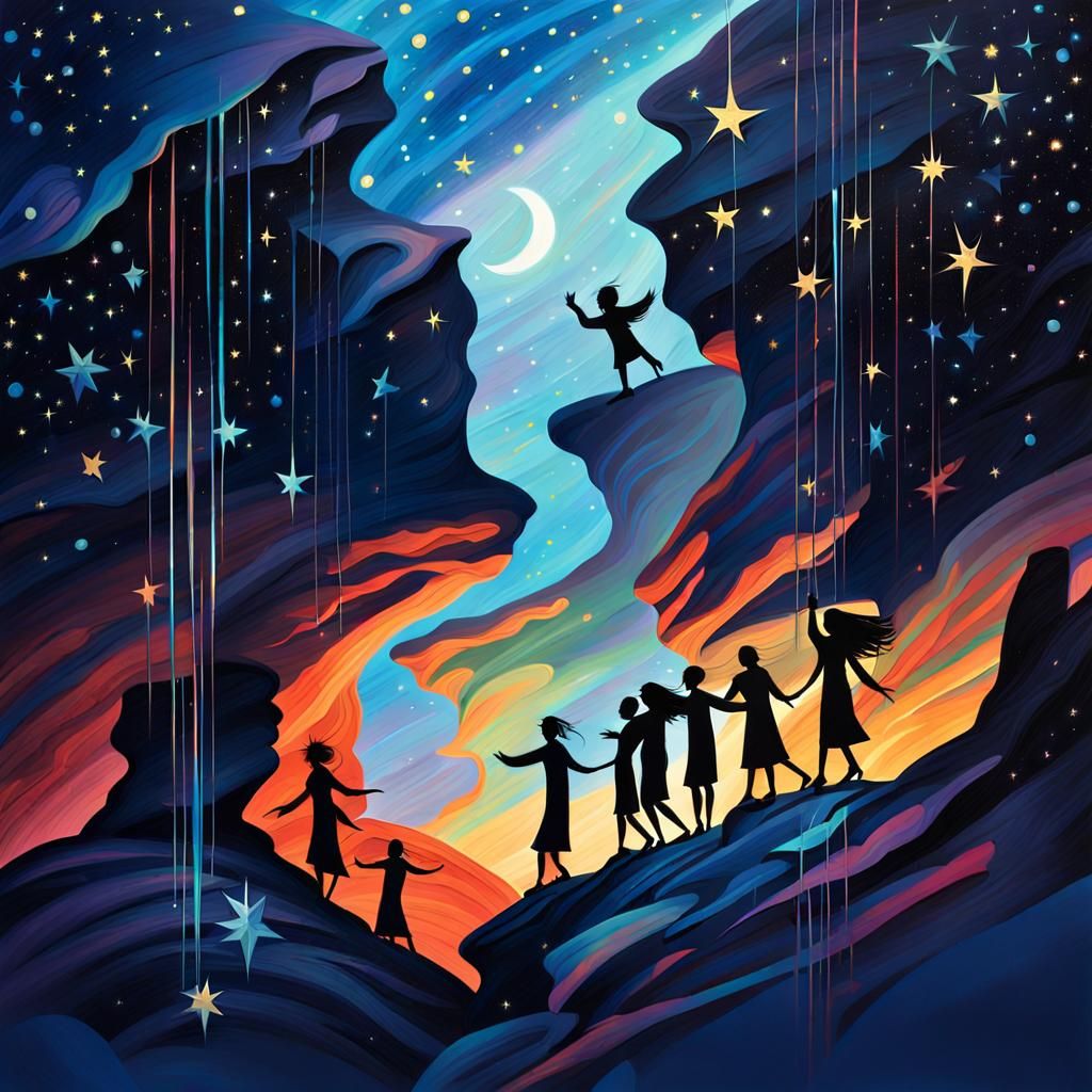 Silhouetted Dancers Under Starry Sky in Surreal Oil Painting
