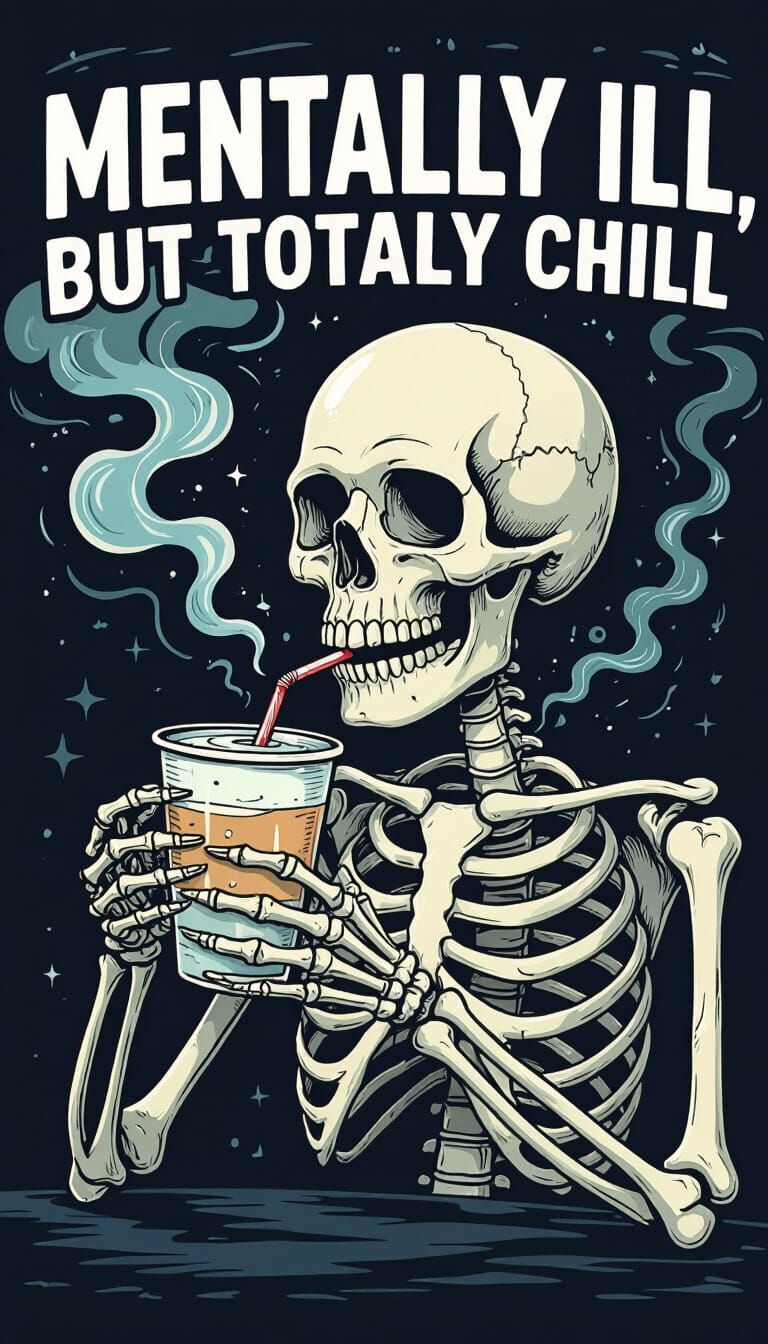 Skeleton Sipping Drink with Vaporous Skull