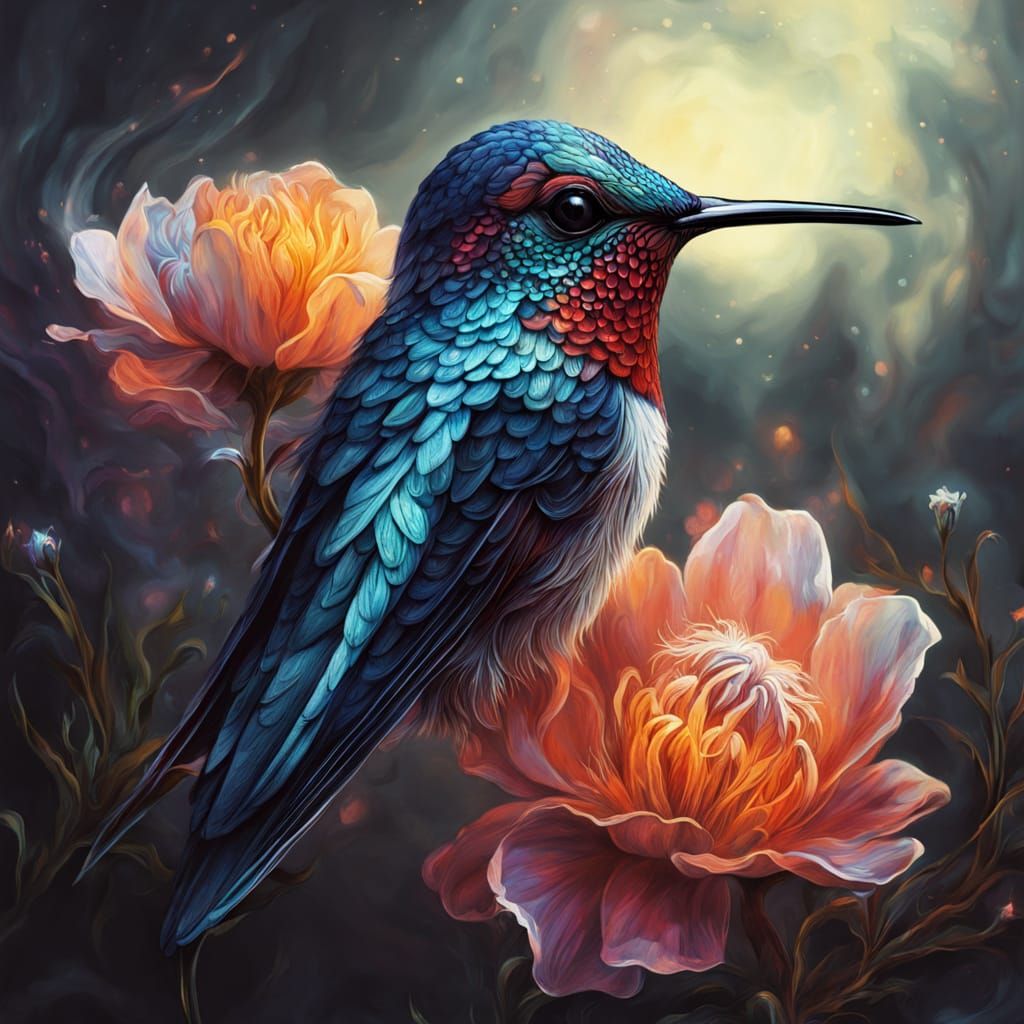 Bioluminescent Hummingbird Sipping Nectar in Dark Fantasy Ar...