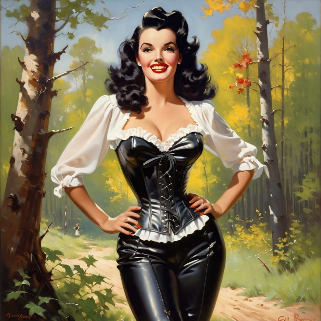 Smiling Woman in Forest Glade as Retro Oil Painting