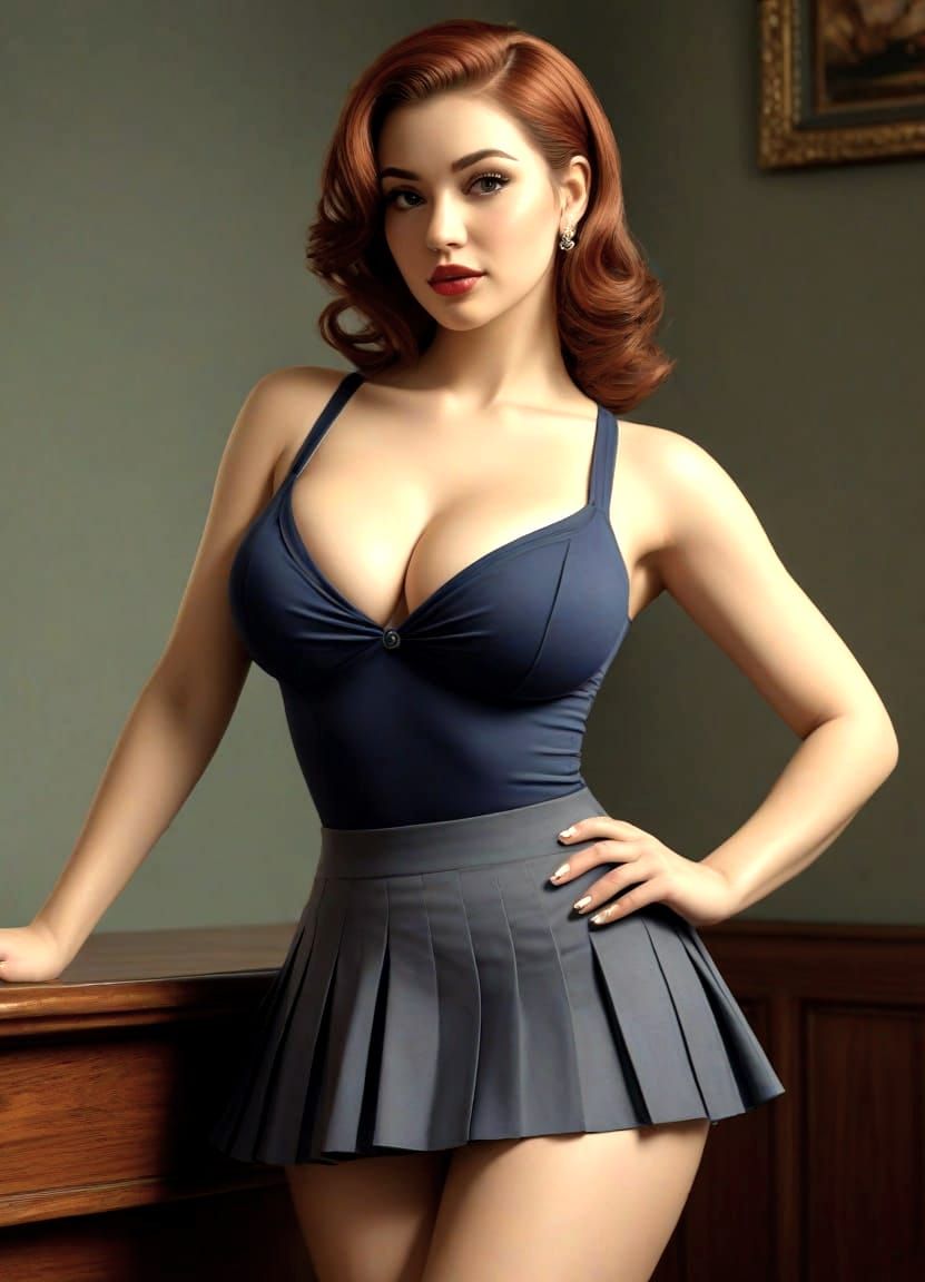 Curvy Pin-Up Model in Pleated Miniskirt