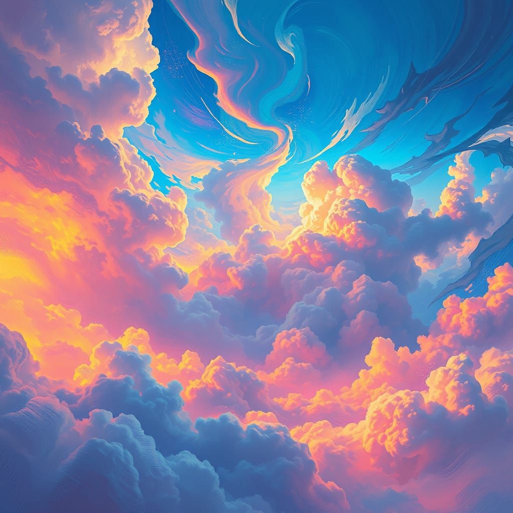 Dreamlike Scene with Swirling Clouds and Shimmering Lights