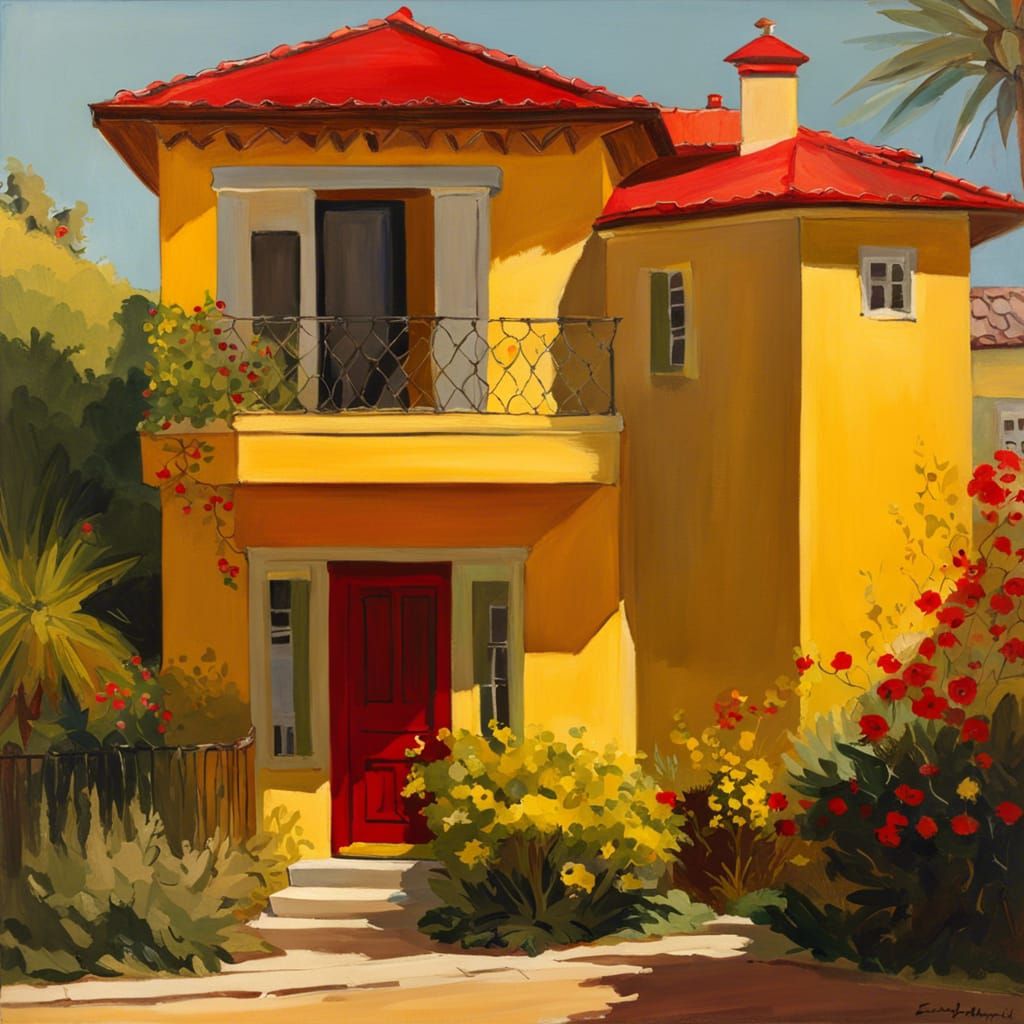 Mid-Century Modern Yellow Stucco House in Mixed Media