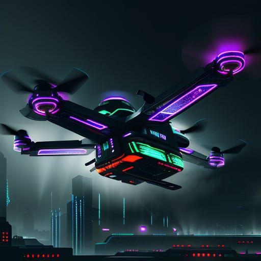 Futuristic Drone Sails Over Dystopian Cityscape in Neon Ligh...