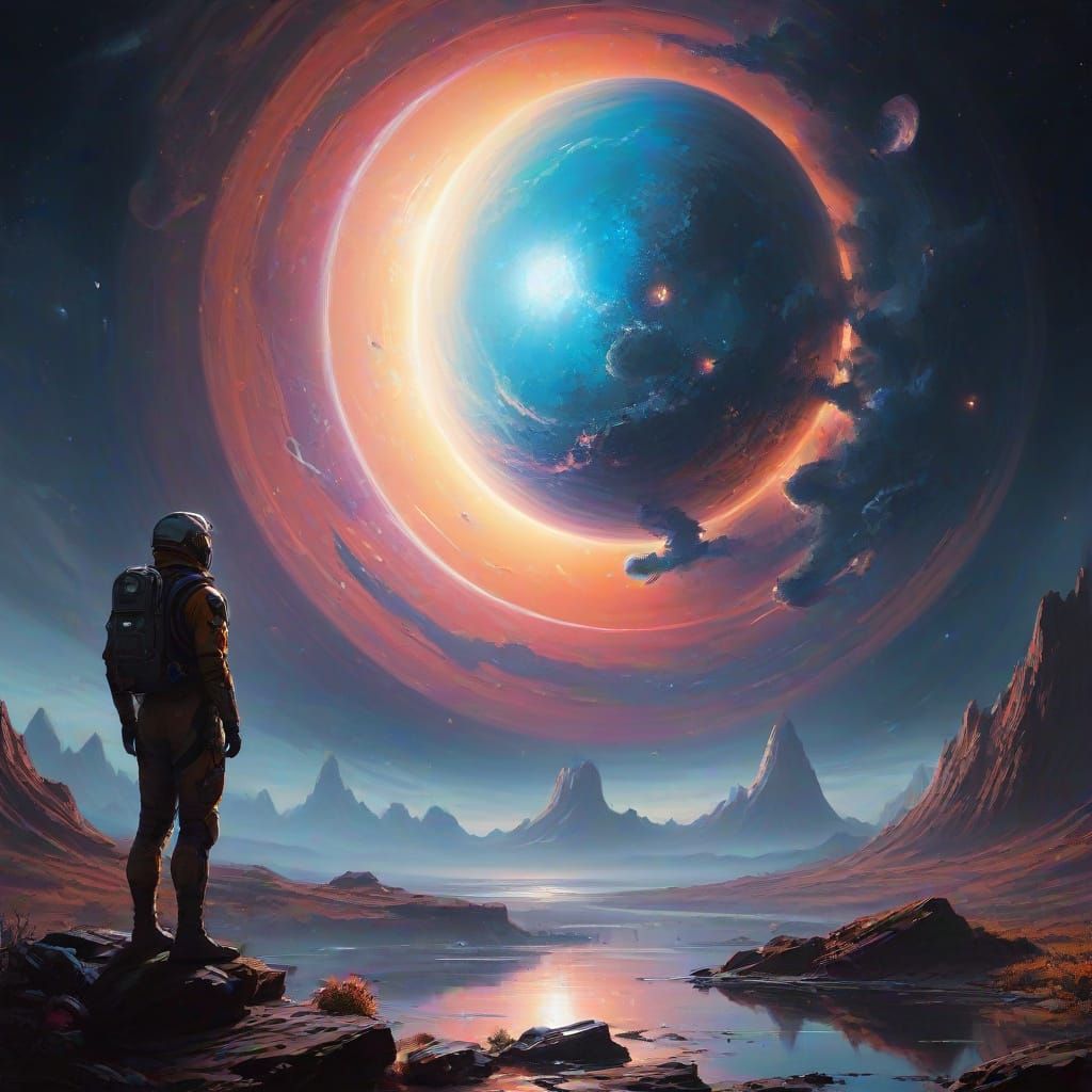 Starship Crew Gazes at Bioluminescent Planet