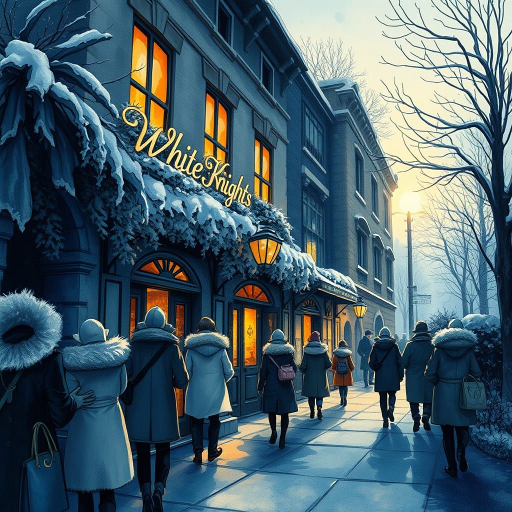 Winter Nightclub Scene in Watercolour Illustration Style