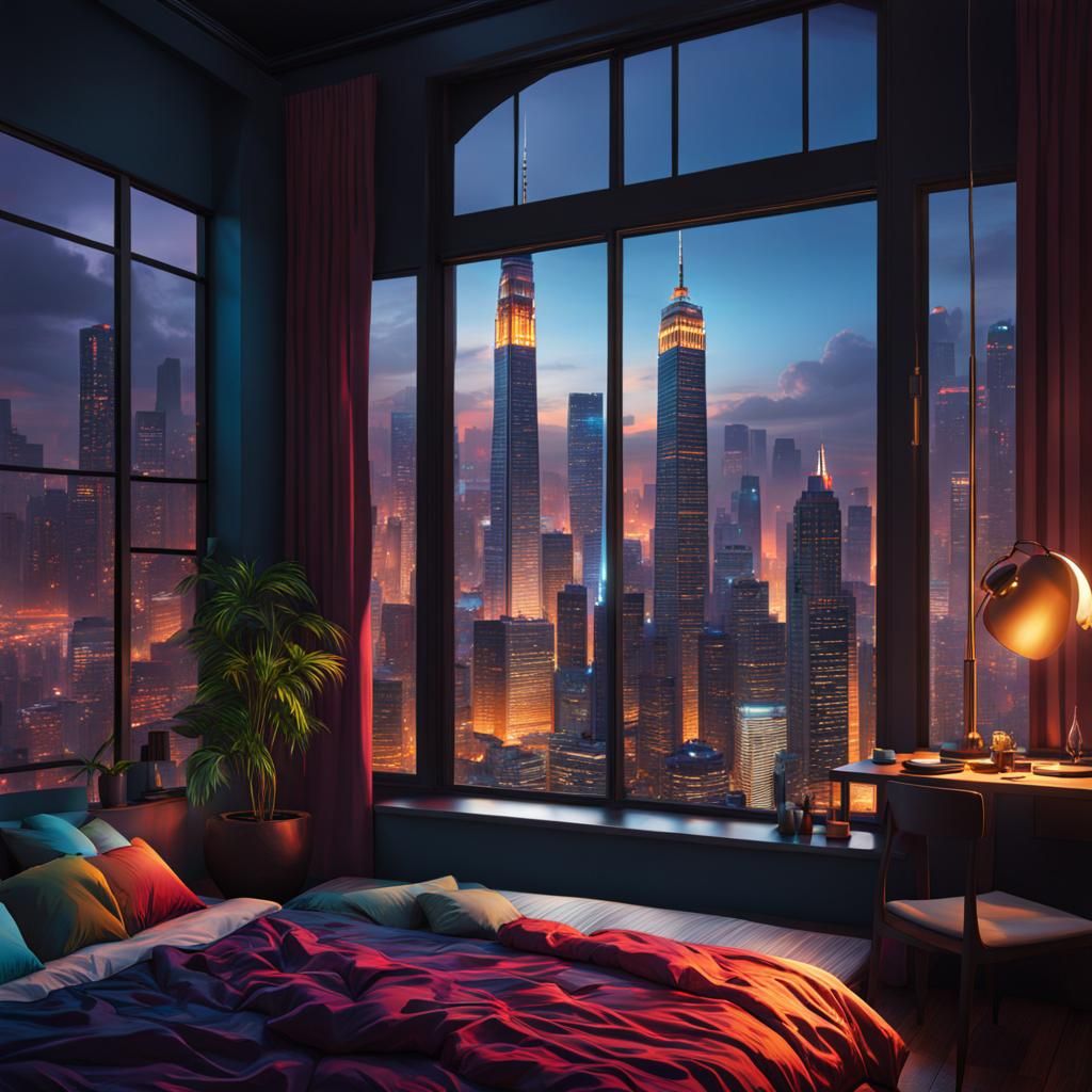 Hyperrealistic City Bedroom View as Splash Art