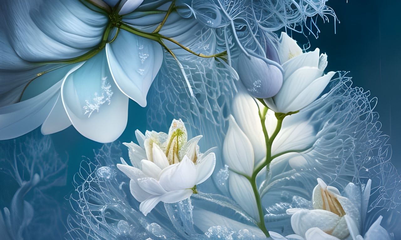 Wintry Garden with Frozen Blossoms in Liquid Detail