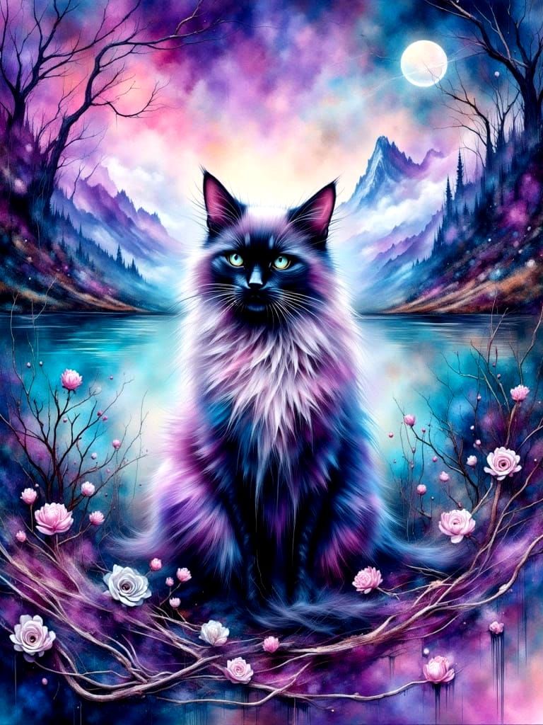 Siamese Cat in Surreal Landscape, Painterly Style