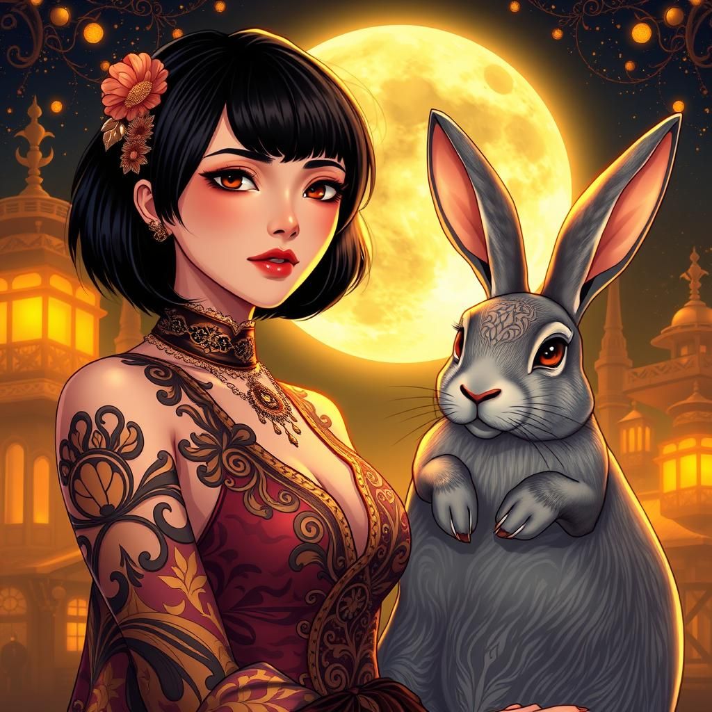Thai Woman and Moon Rabbit in Art Nouveau Style