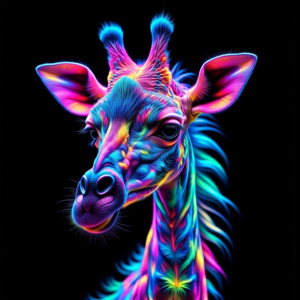 Surreal Bioluminescent Giraffe-Flamingo in Neon Glory