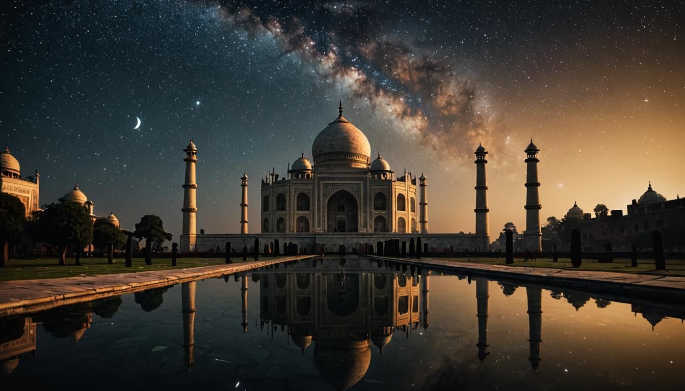 Taj Mahal Bathed in Starlight: Hyperreal Double Exposure
