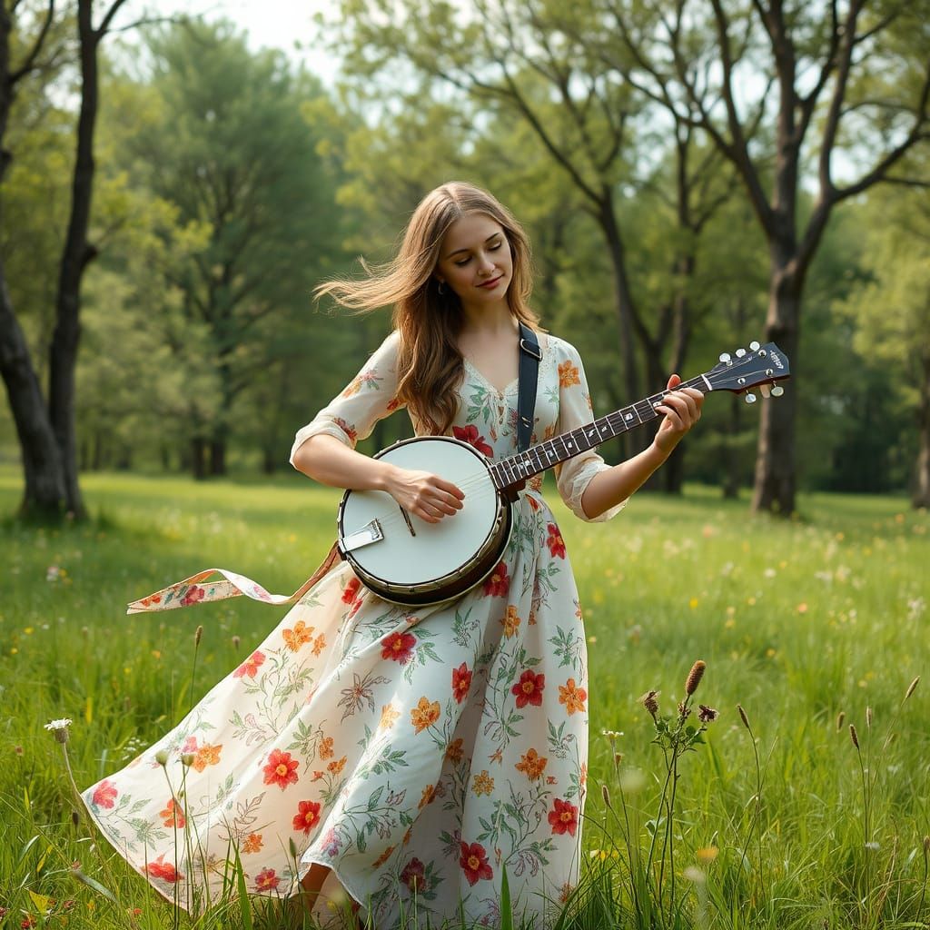 Woman Playing Banjo in Floral Dress, Folk Art Style