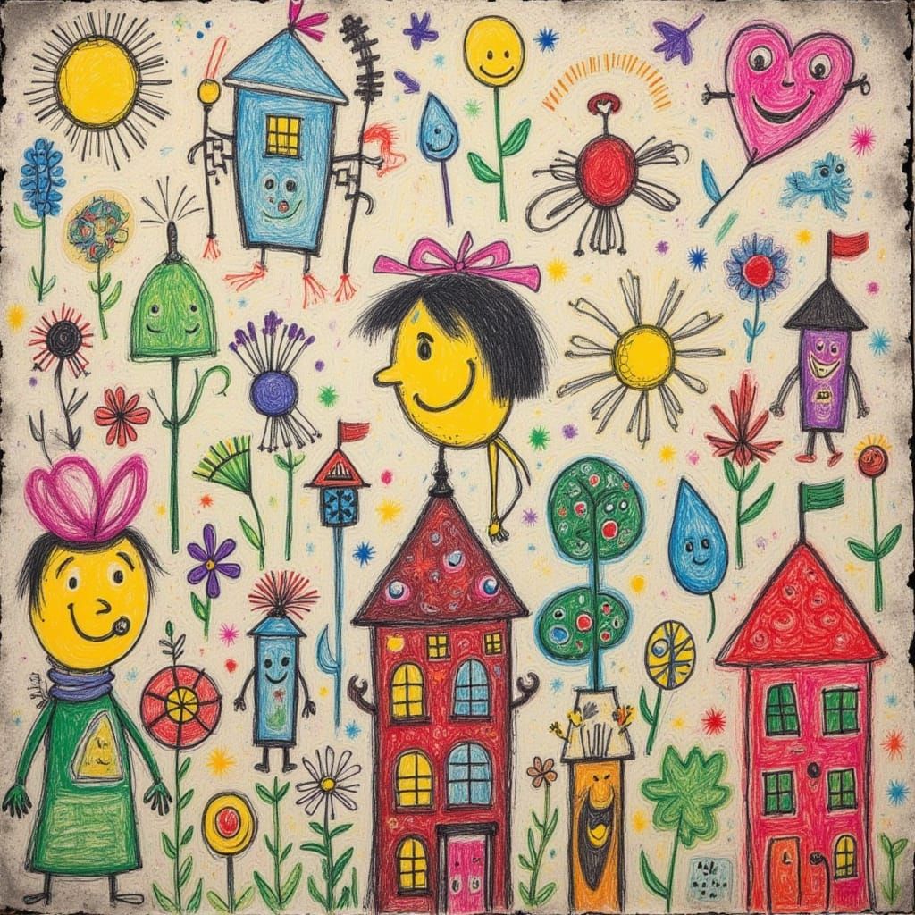 Whimsical Crayon Doodles on Faded Wallpaper