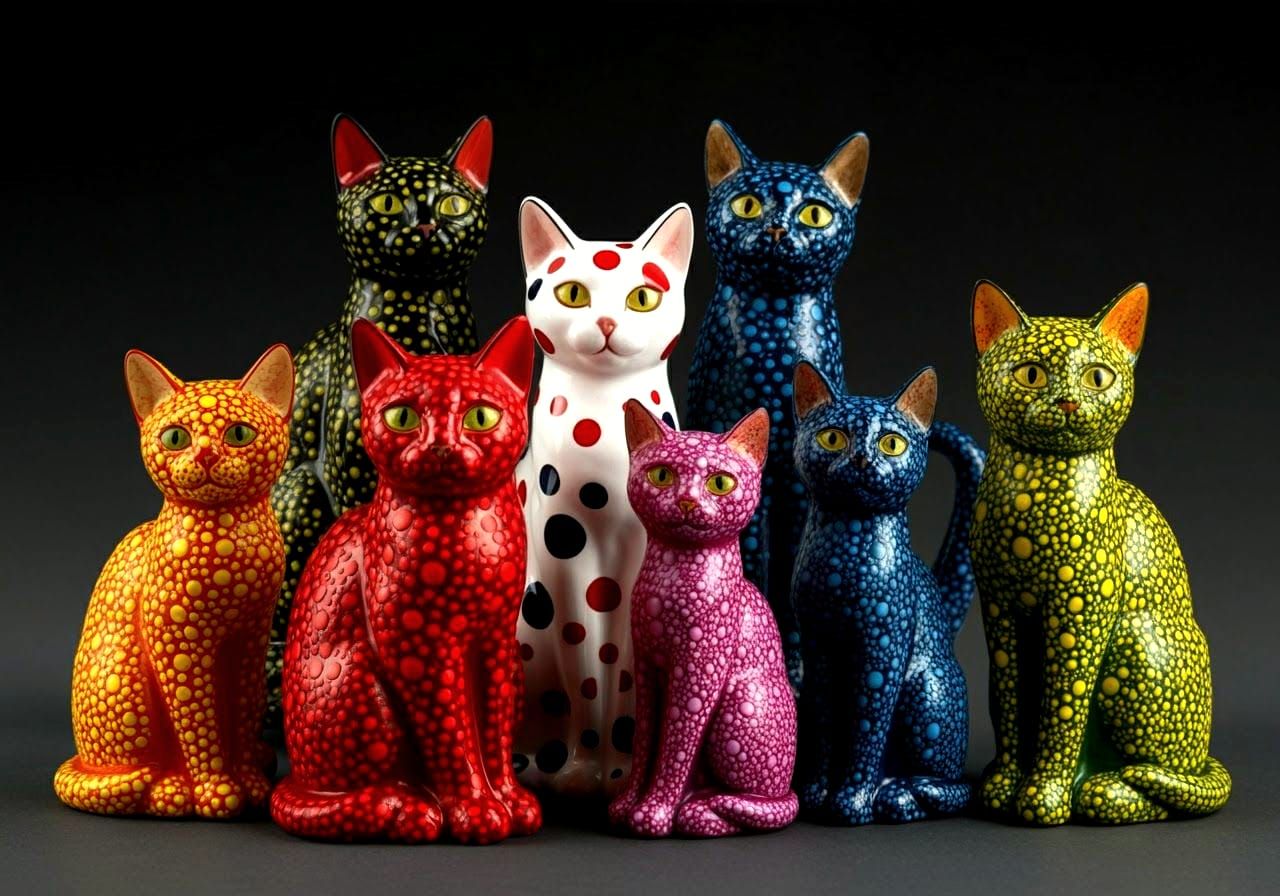 Porcelain Cats in Yayoi Kusama Style with Polka Dots