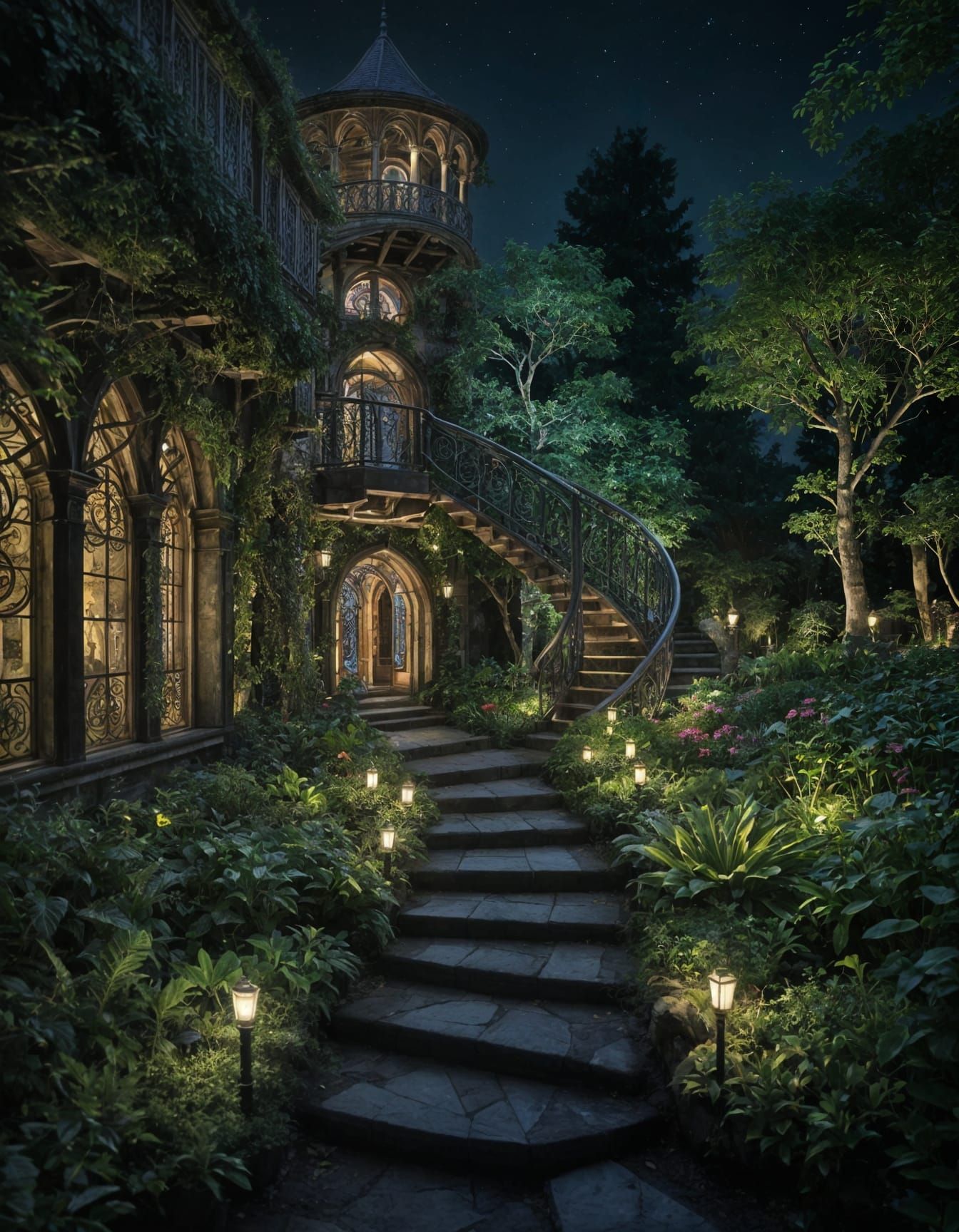 Gothic Dreamscape with Bioluminescent Gardens and Spiraling ...