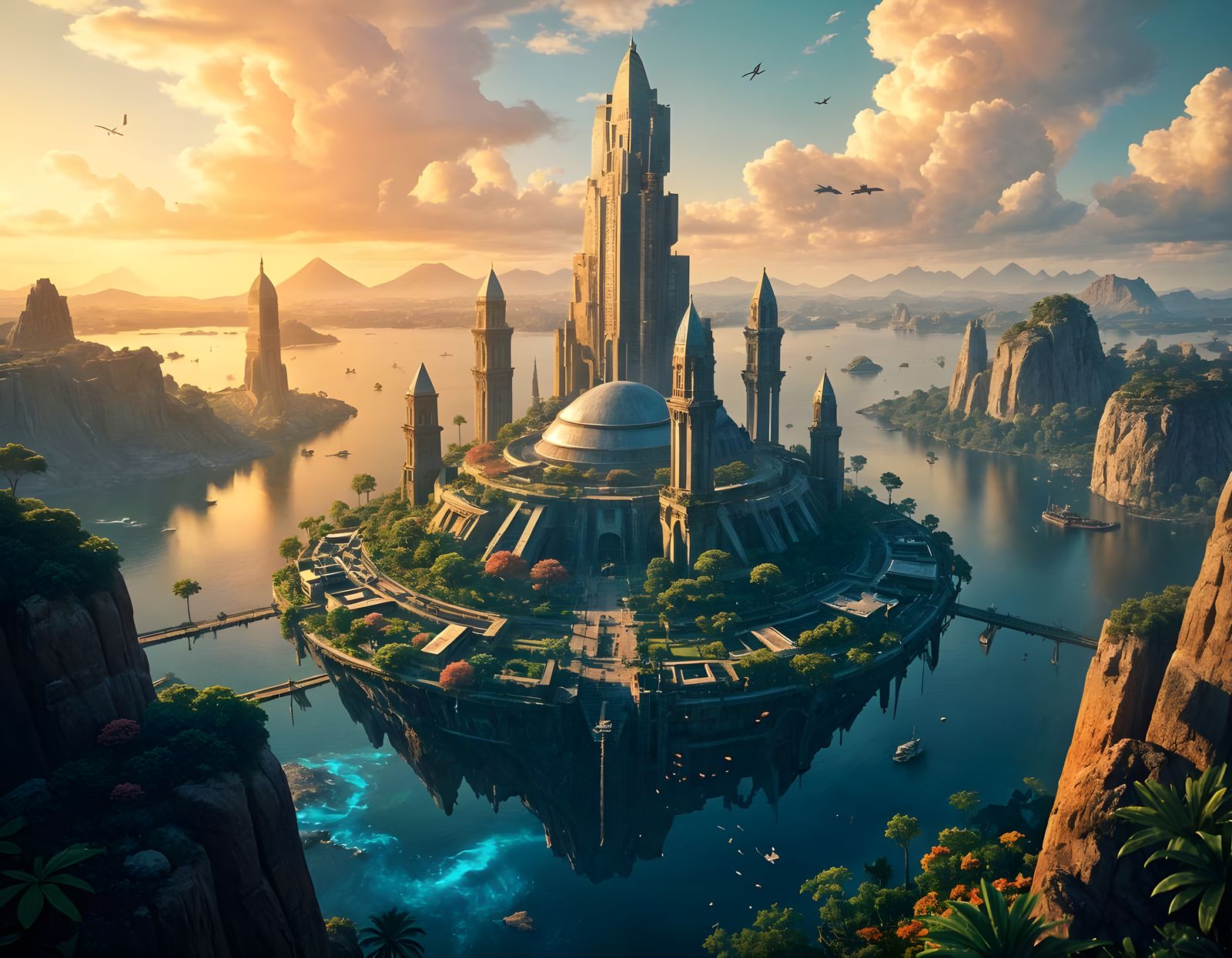 Fantasy Futuristic Island City with Atlantean & Egyptian Inf...