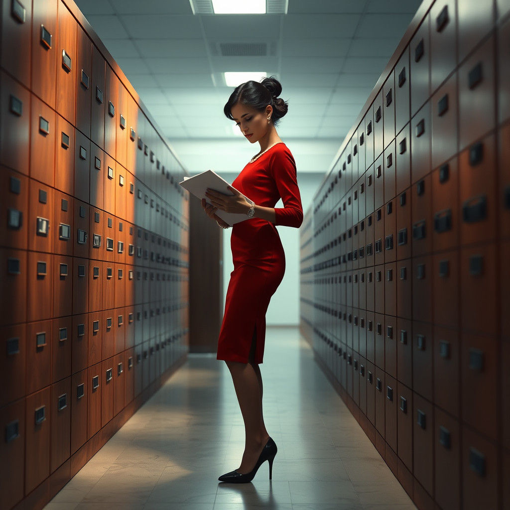 Woman in Red Dress Searching Files, Detailed Matte Painting