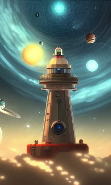 Colorful Sci-Fi Lighthouse in Space, Anime Style
