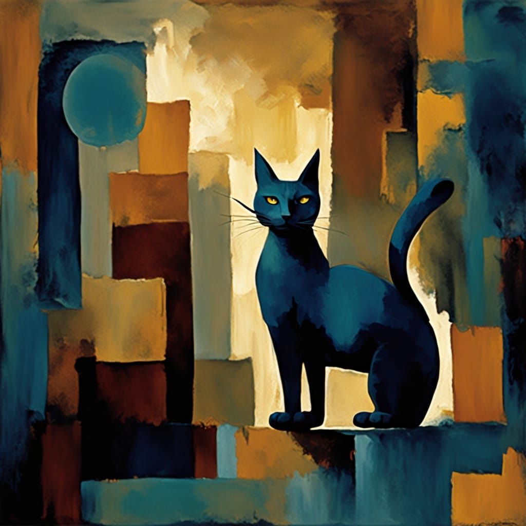 Abstract Expressionist Cat Explores Vibrant Lost City