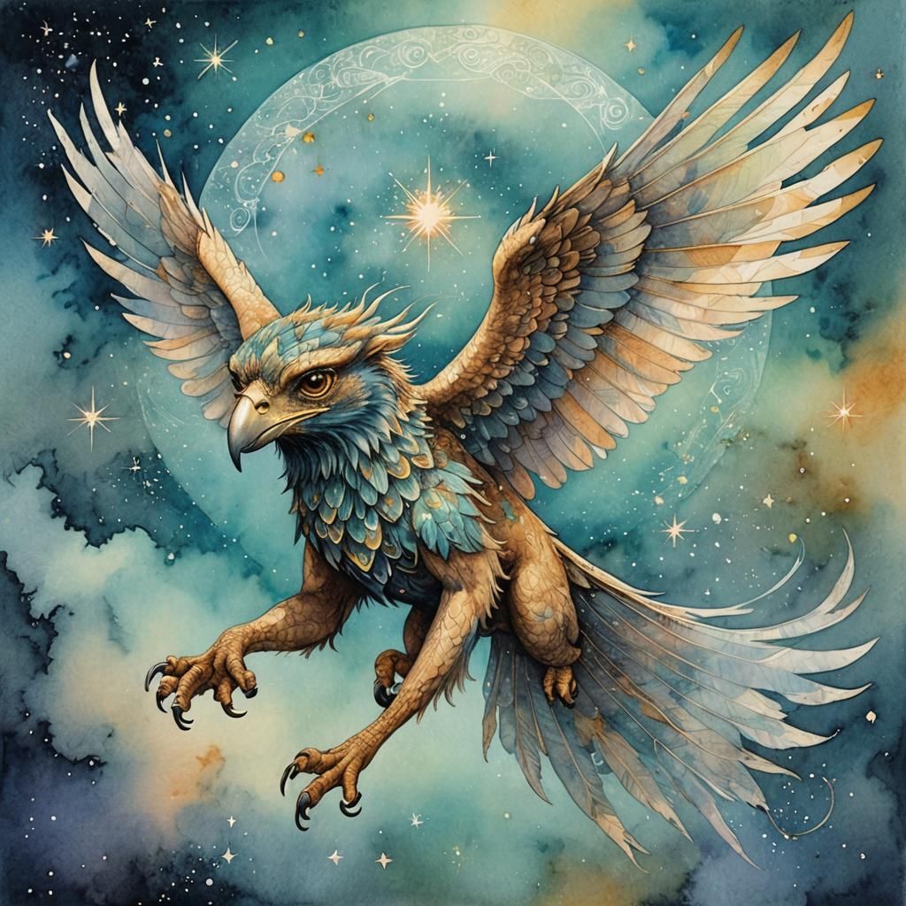 Cosmic Gryphon in Flight: Watercolor Art