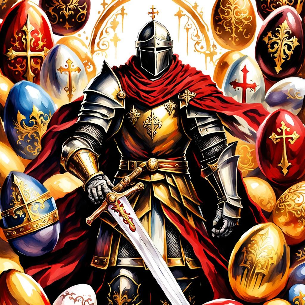 Gothic Knight with Easter Eggs in Watercolor Style