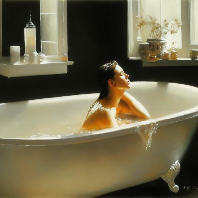 Woman Relaxing in Bathtub: Hyperdetailed Digital Art