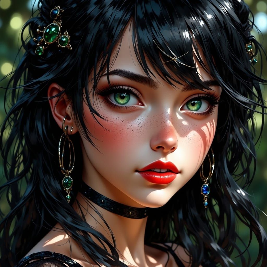 Ethereal Woman with Gothic Makeup and Faded Green Eyes