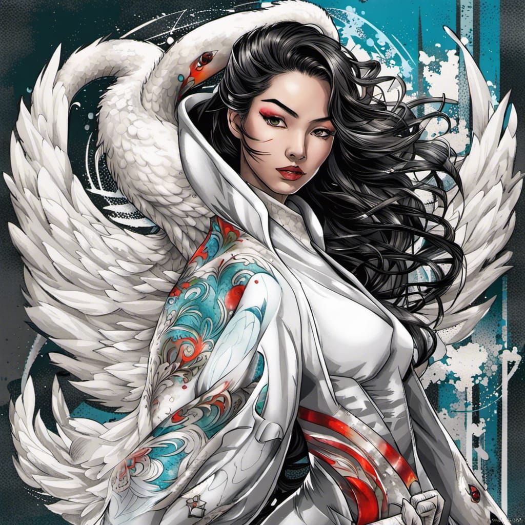 beautiful swan-themed Japanese superheroine with a graceful aura and a white costume with black highlights, including pa...