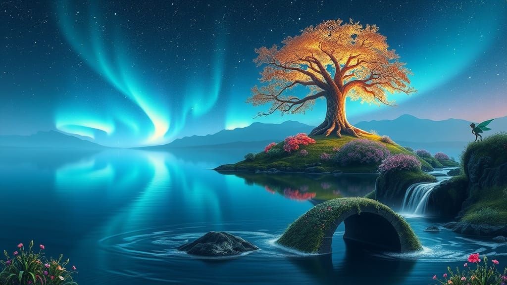 Dreamlike Starry Landscape with Aurora Borealis