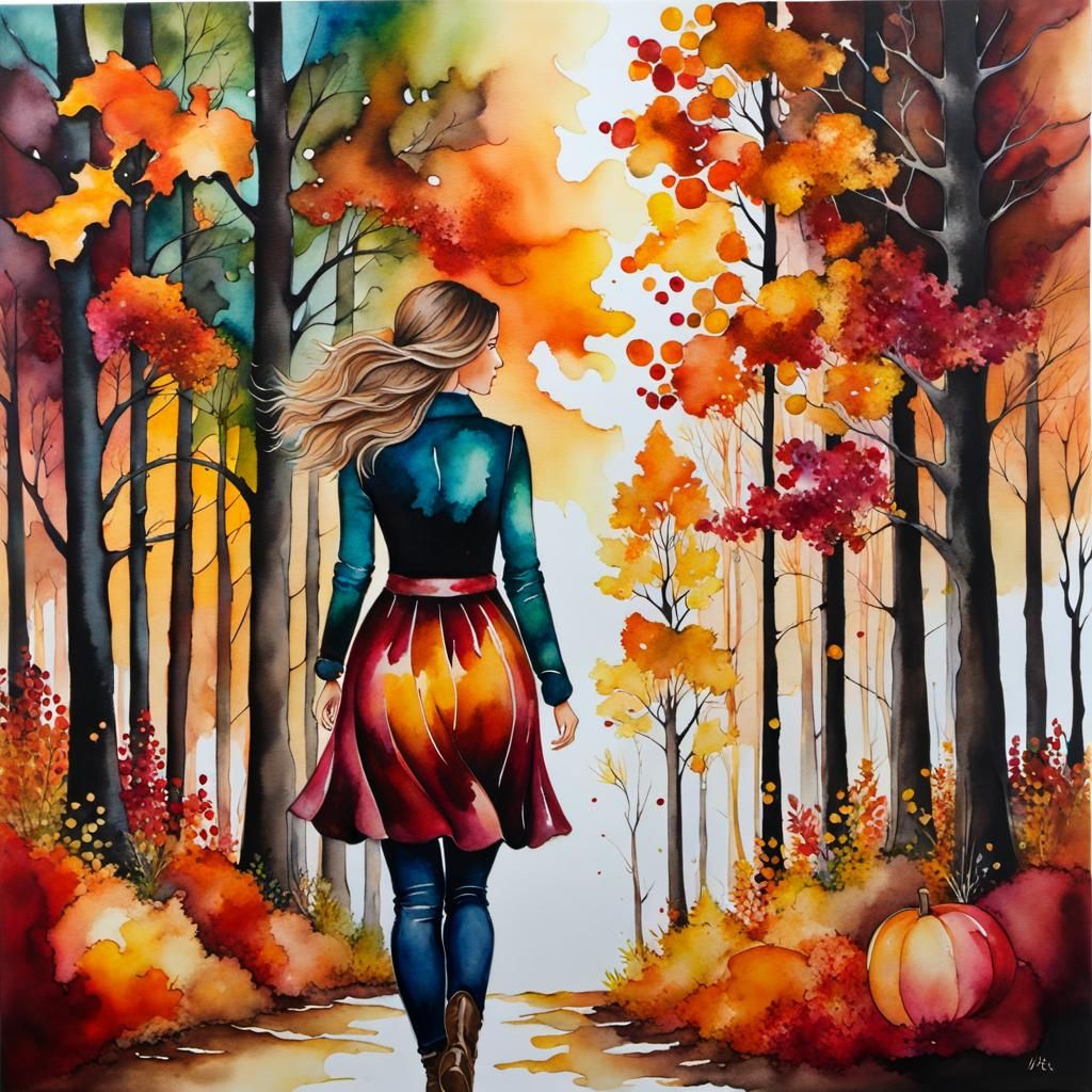Woman Walks Autumn Path in Alcohol Ink