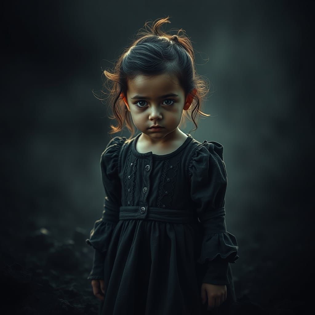 Nightmarish Girl in Dark Surreal Landscape