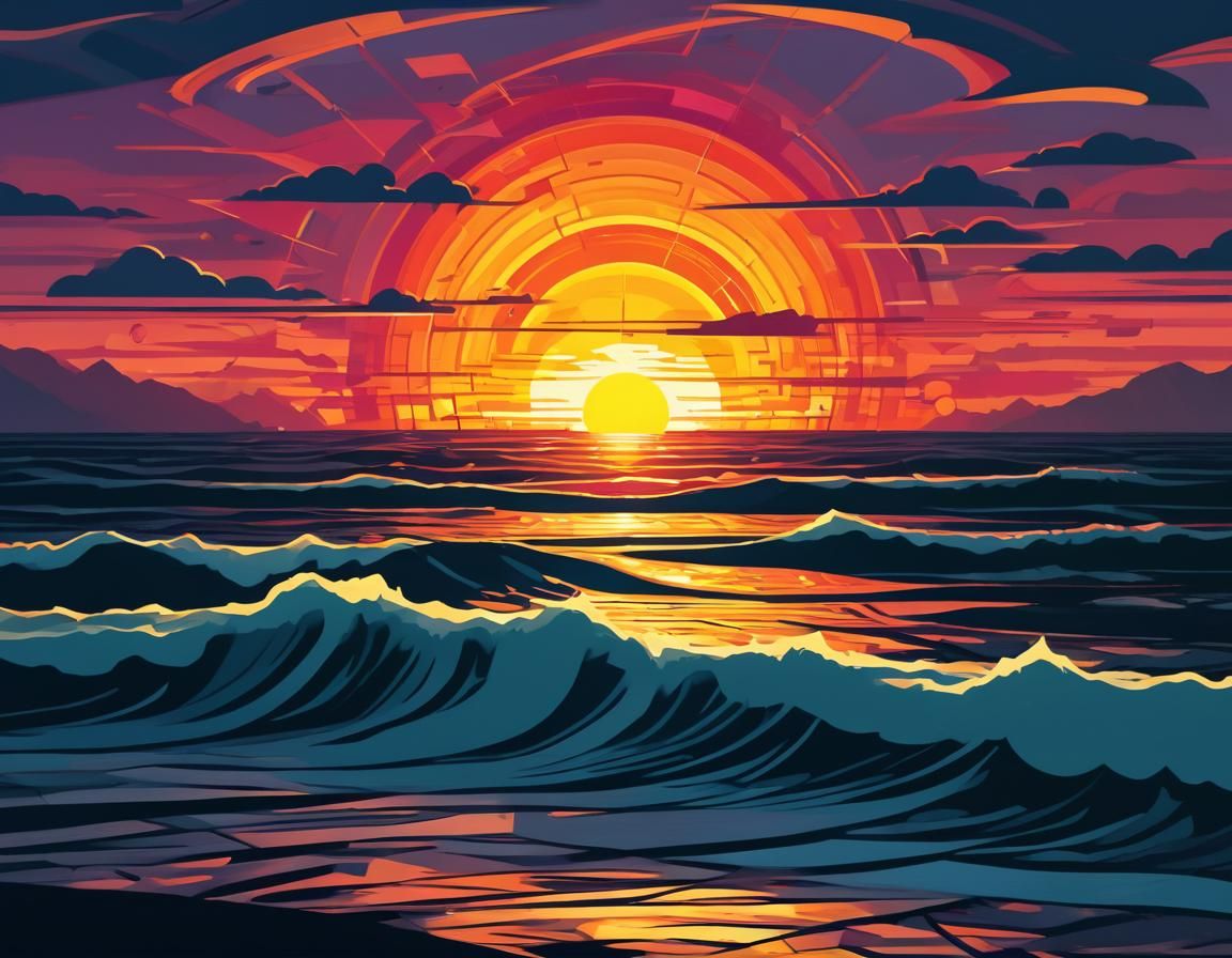 Sunset Over Ocean Waves in Geometric Fauvism Style