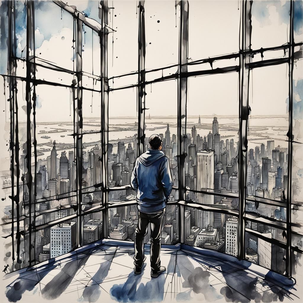 Empire State Building View: Pen and Ink Blueprint Sketch