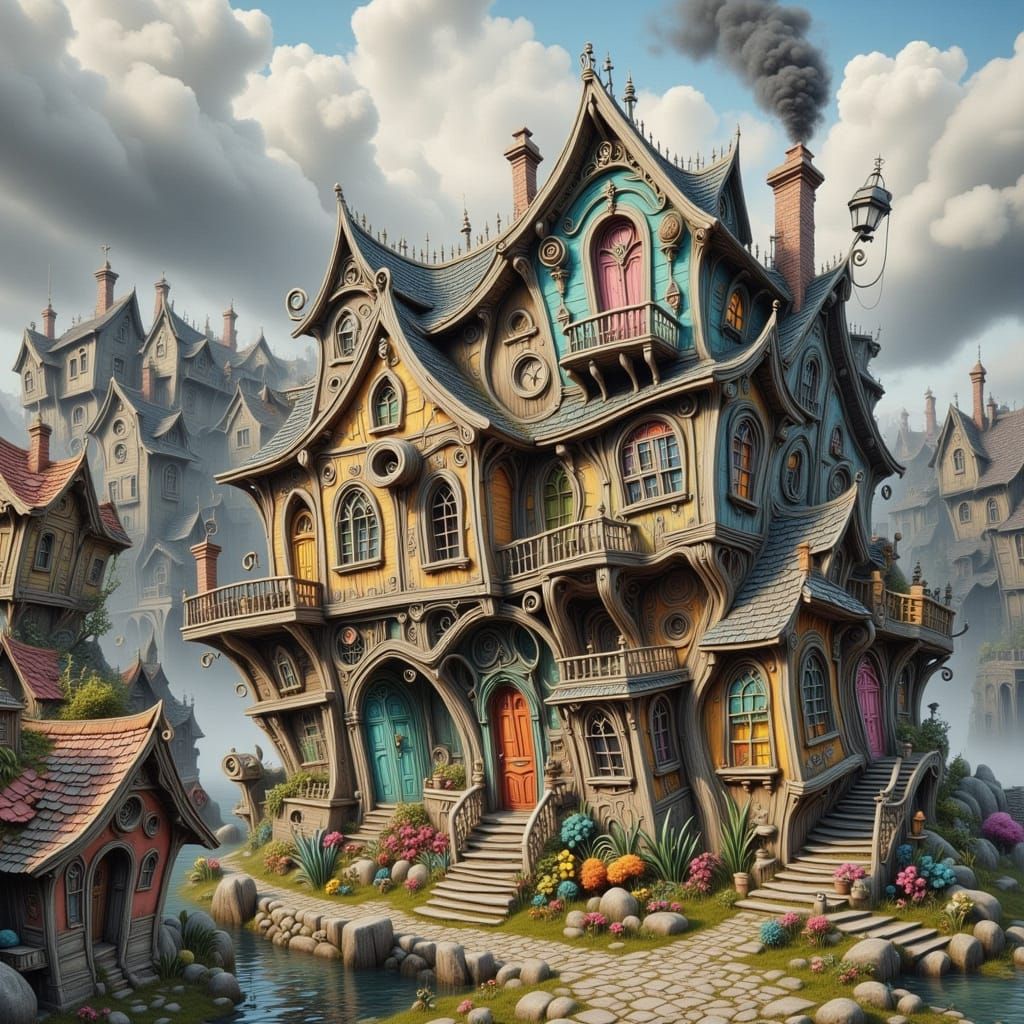 Quaint Fishing Village Harbor in Burtonesque Style