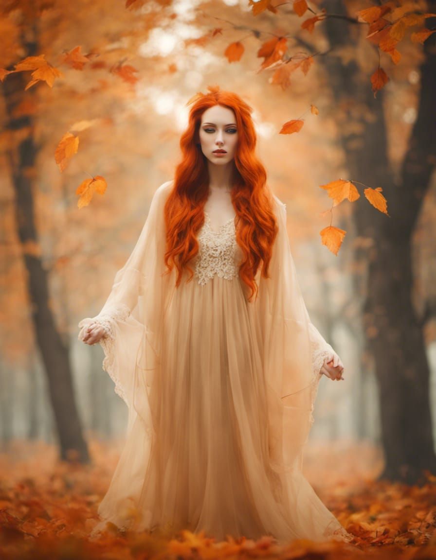 Ethereal Redhead Ghost in Autumn Mist