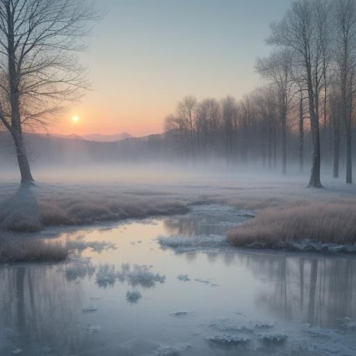 Winter Landscape with Frosty Mist, Oil on Canvas