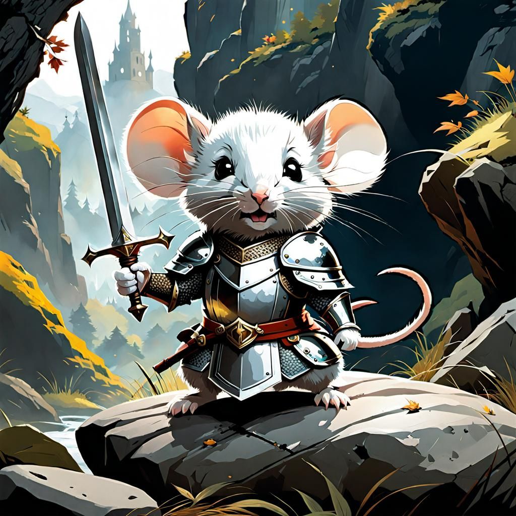 Mouse Knight with Excalibur in Forest, Digital Art