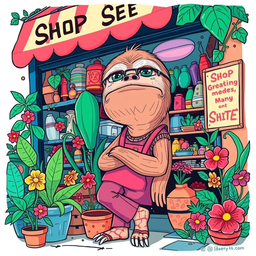 Sarcastic Sloth Shop Keeper in Whimsical Art Style