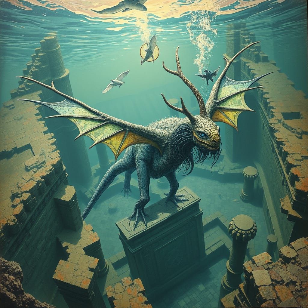 Cyberpunk Gnome Explores Ancient Underwater Ruins in a Dream...