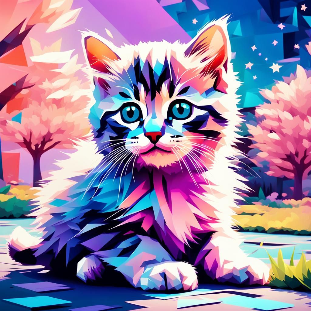 Kitten's Whimsical Night Garden in Low-Poly Art