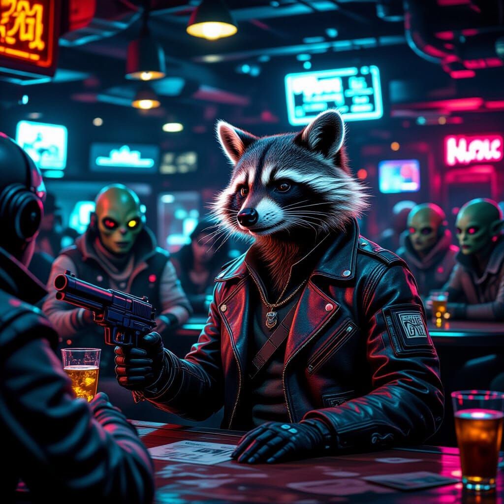 Raccoon Smuggler Negotiating in a Spaceport Cantina