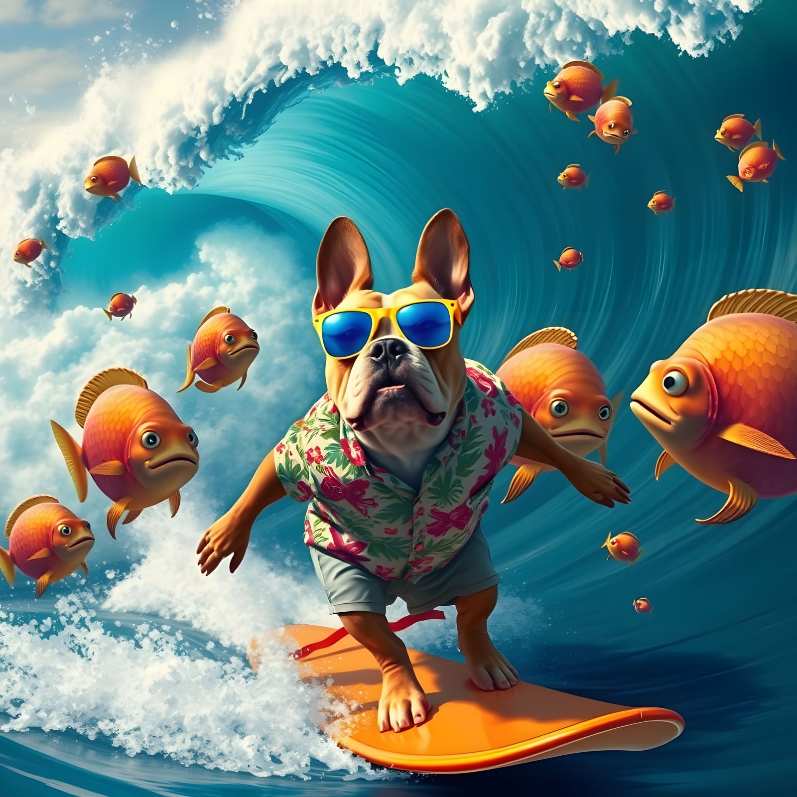 Surreal Staffordshire Bull Terrier Surfing a Towering Wave