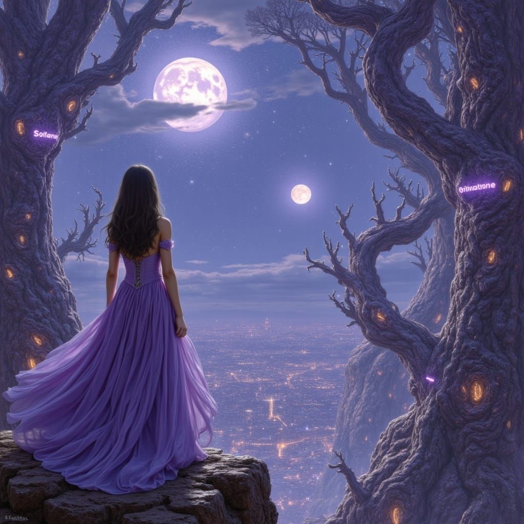 Enchanted Twilight Kingdom Overlooked by Woman in Lilac Gown