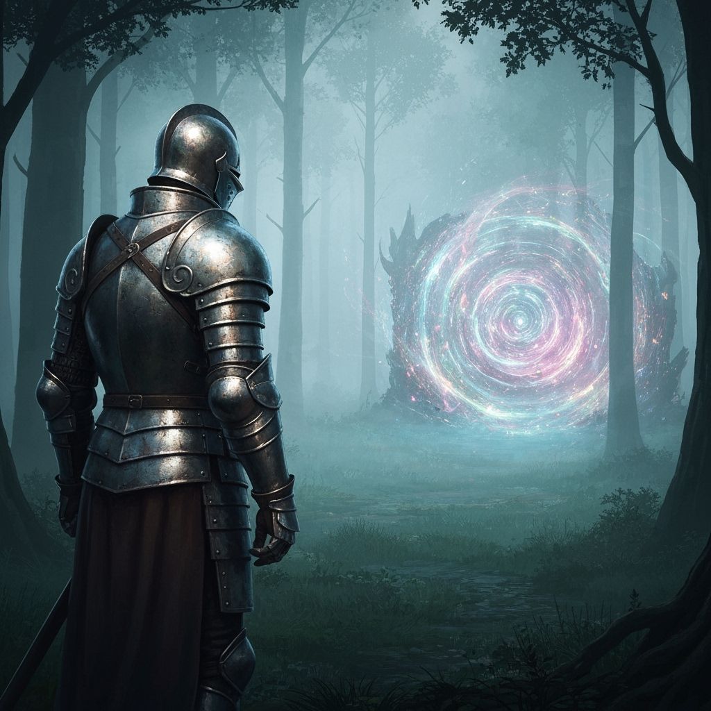 Knight Gazing at Ethereal Portal in Misty Forest