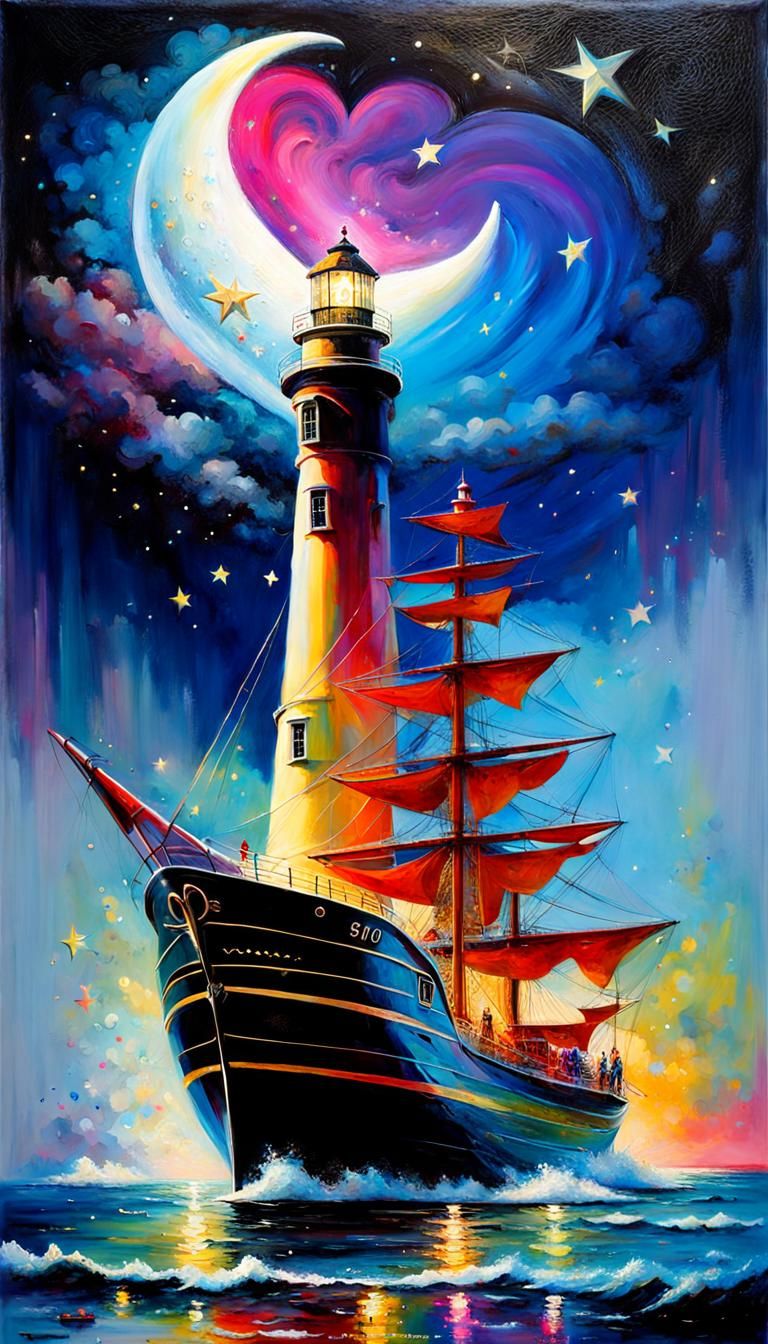 Nostalgic Landscape with Ship, Moon, and Rainbow