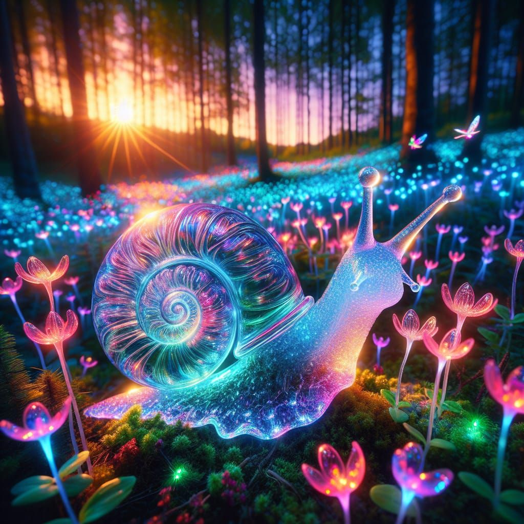 Bioluminescent Crystal Snail in Magical Forest