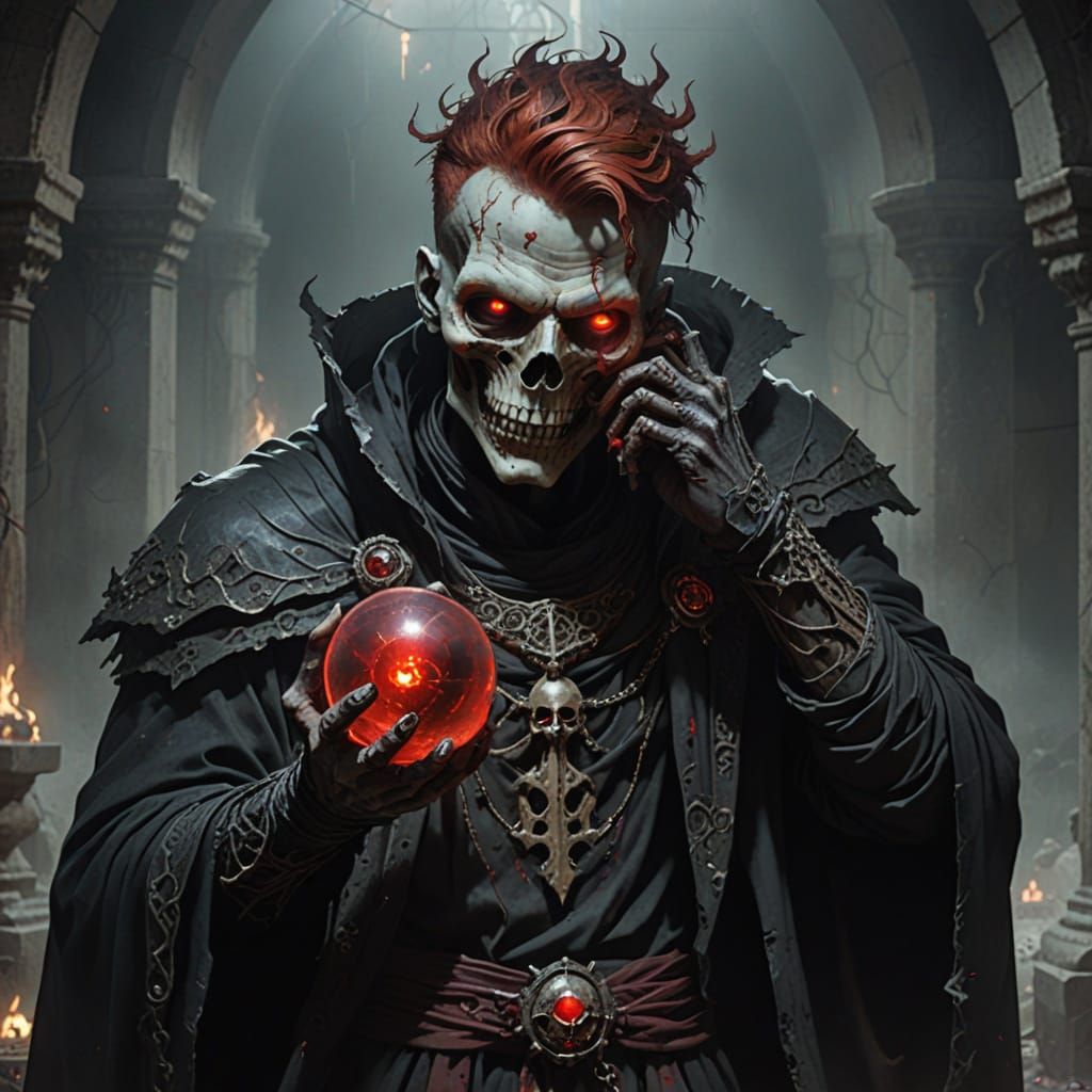 Male Necromancer in Crypt with Glowing Red Eyes