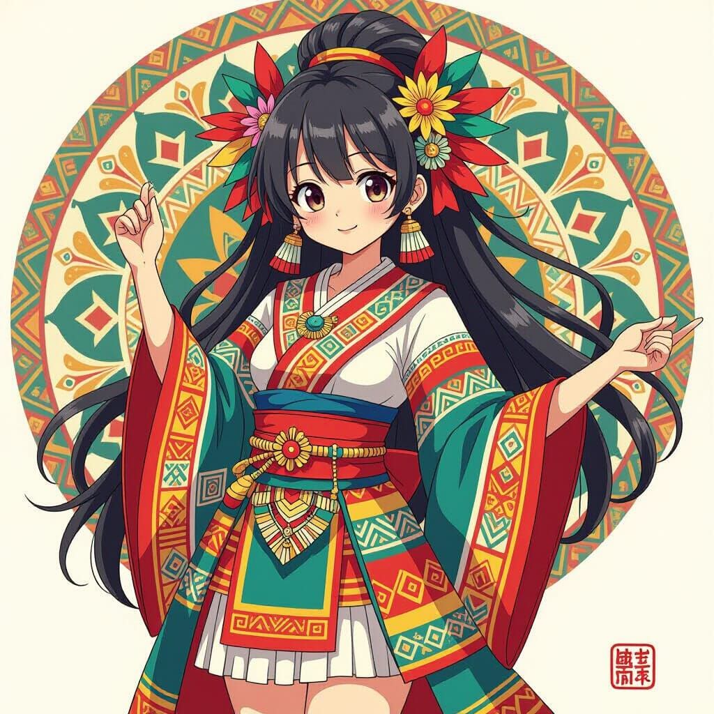 Anime Girl in Aztec Clothing, Manga Style